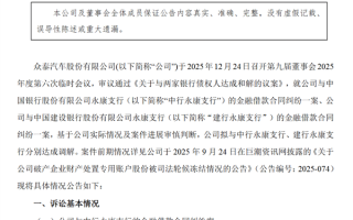 众泰汽车：已与两大银行达成超4亿债务和解 避免被强执