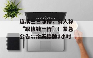 连续三日涨停，有人称“跟捡钱一样”！紧急公告：今天停牌1小时