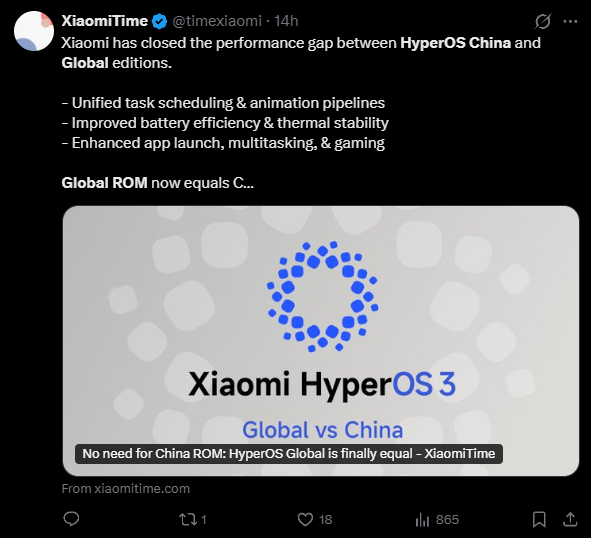 小米澎湃OS全球版性能大提升 海外米粉无需再刷中国版ROM-第1张图片-佛山资讯网