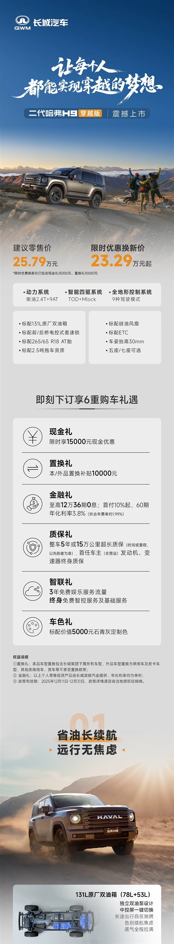 自带AT胎、涉水深度800mm！哈弗H9穿越版上市：限时23.29万-第1张图片-佛山资讯网