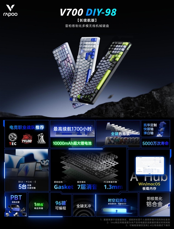 1700h续航 7层消音 雷柏V700DIY-98长续航版客制化多模无线机械键盘发布-第1张图片-佛山资讯网