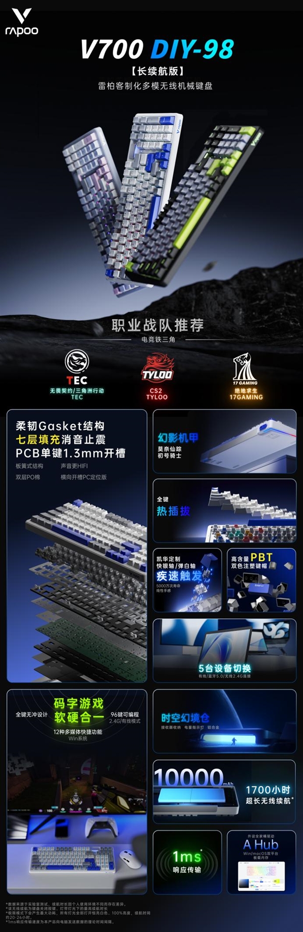 1700h续航 7层消音 雷柏V700DIY-98长续航版客制化多模无线机械键盘发布-第8张图片-佛山资讯网