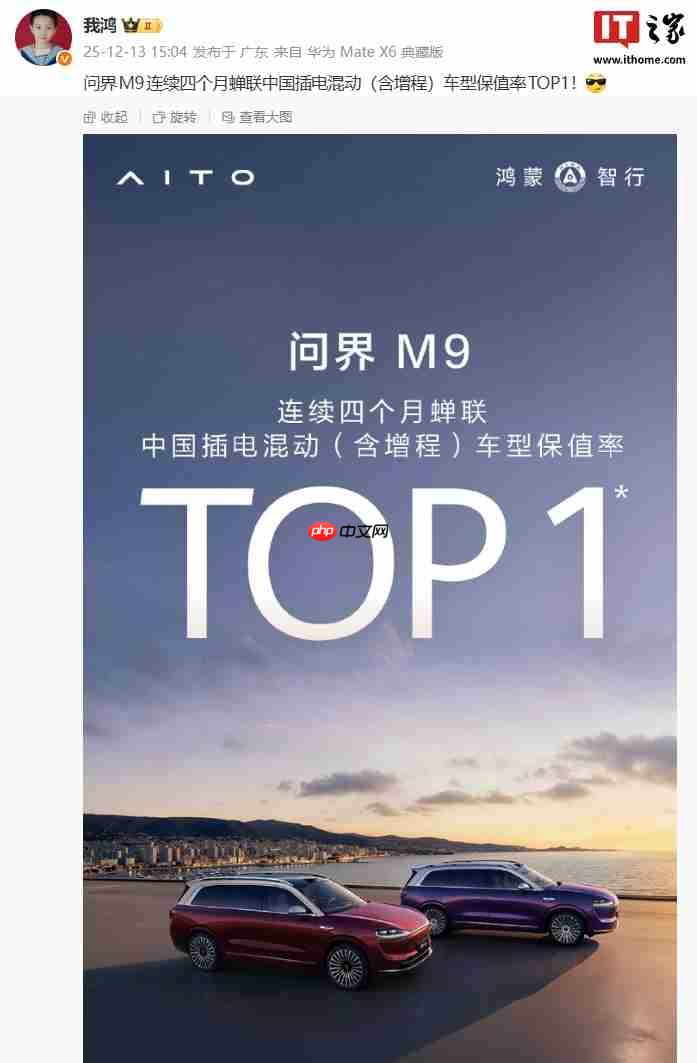 鸿蒙智行问界 M9 汽车连续四个月蝉联中国插电混动车型保值率 TOP1-第1张图片-佛山资讯网