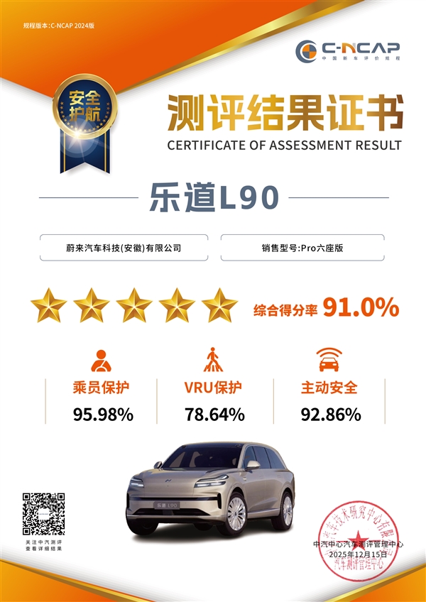 乐道L90荣获大三排SUV首个C-NCAP & C-GCAP双五星认证-第1张图片-佛山资讯网