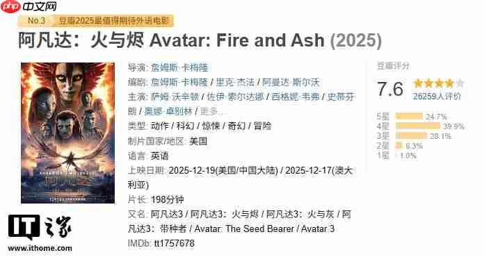 科幻电影《阿凡达 3》今日上映，豆瓣开分 7.6 为系列最低-第1张图片-佛山资讯网